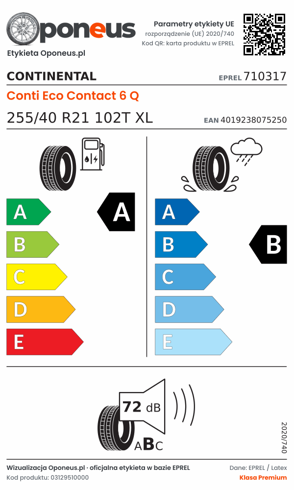 Parametry etykiety UE opony Continental Conti Eco Contact 6 Q 255/40 R21 102T XL: efektywność paliwowa A, przyczepność na mokrej nawierzchni B, hałas 72 dB (klasa B)