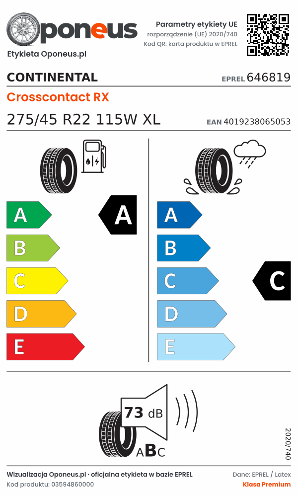 Parametry etykiety UE opony Continental Crosscontact RX 275/45 R22 115W XL: efektywność paliwowa A, przyczepność na mokrej nawierzchni C, hałas 73 dB (klasa B)