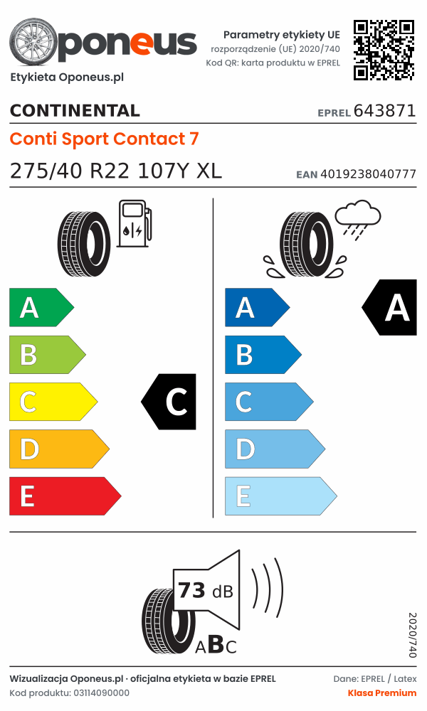 Parametry etykiety UE opony Continental Conti Sport Contact 7 275/40 R22 107Y XL: efektywność paliwowa C, przyczepność na mokrej nawierzchni A, hałas 73 dB (klasa B)