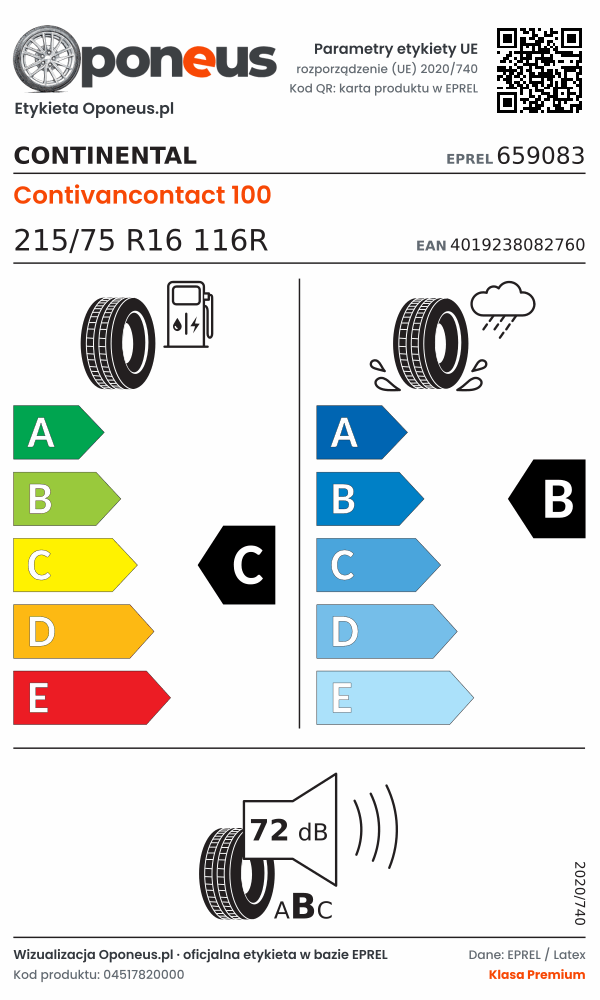Parametry etykiety UE opony Continental Contivancontact 100 215/75 R16 116R: efektywność paliwowa C, przyczepność na mokrej nawierzchni B, hałas 72 dB (klasa B)