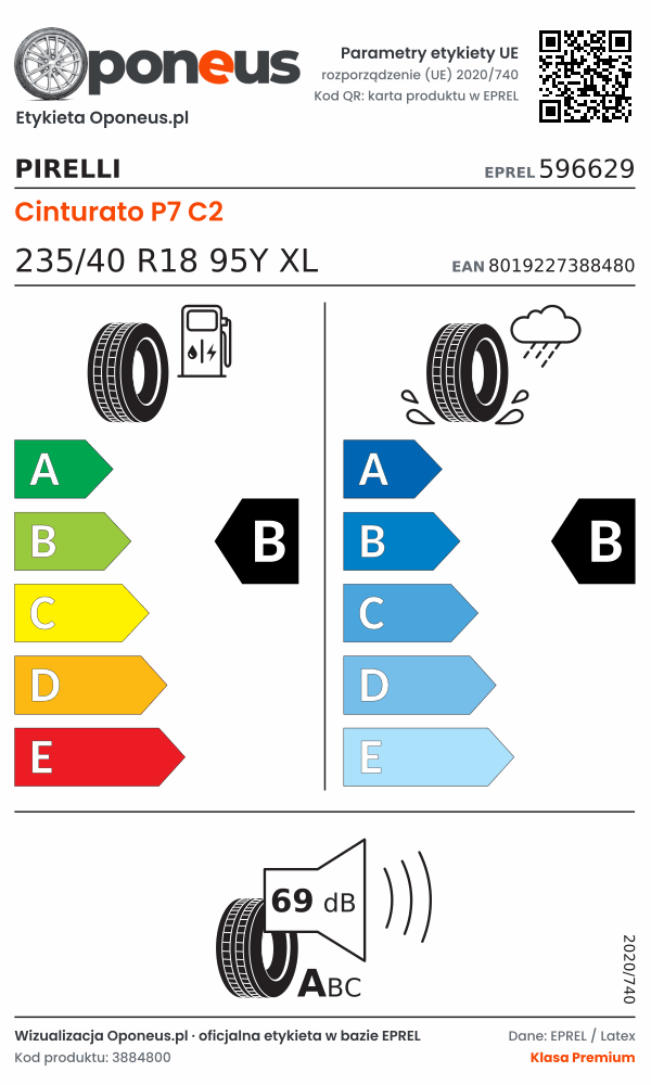 Parametry etykiety UE opony Pirelli Cinturato P7 C2 235/40 R18 95Y XL: efektywność paliwowa B, przyczepność na mokrej nawierzchni B, hałas 69 dB (klasa A)