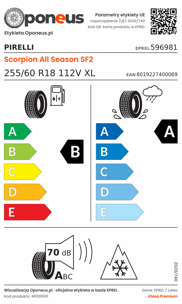 Parametry etykiety UE opony Pirelli Scorpion All Season SF2 255/60 R18 112V XL: efektywność paliwowa B, przyczepność na mokrej nawierzchni A, hałas 70 dB (klasa A), 3PMSF