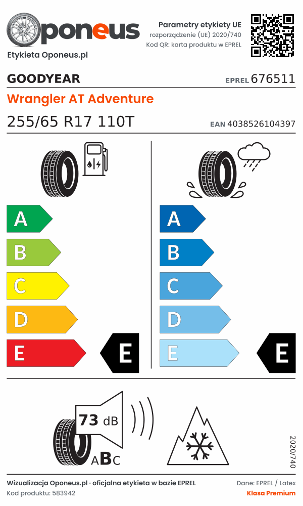 Parametry etykiety UE opony Goodyear Wrangler AT Adventure 255/65 R17 110T: efektywność paliwowa E, przyczepność na mokrej nawierzchni E, hałas 73 dB (klasa B), 3PMSF