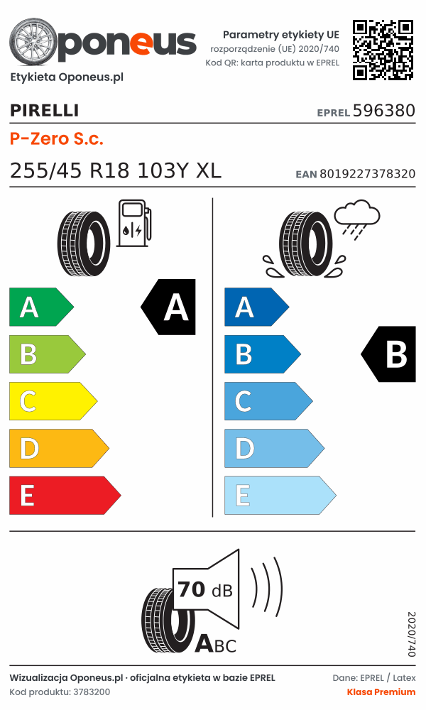 Parametry etykiety UE opony Pirelli P-Zero S.c. 255/45 R18 103Y XL: efektywność paliwowa A, przyczepność na mokrej nawierzchni B, hałas 70 dB (klasa A)