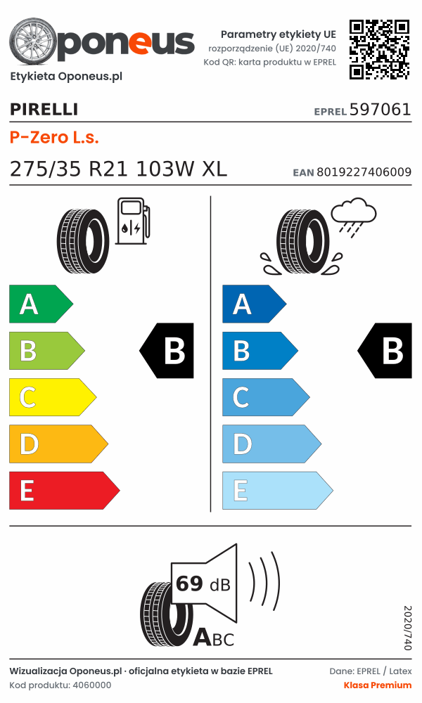 Parametry etykiety UE opony Pirelli P-Zero L.s. 275/35 R21 103W XL: efektywność paliwowa B, przyczepność na mokrej nawierzchni B, hałas 69 dB (klasa A)