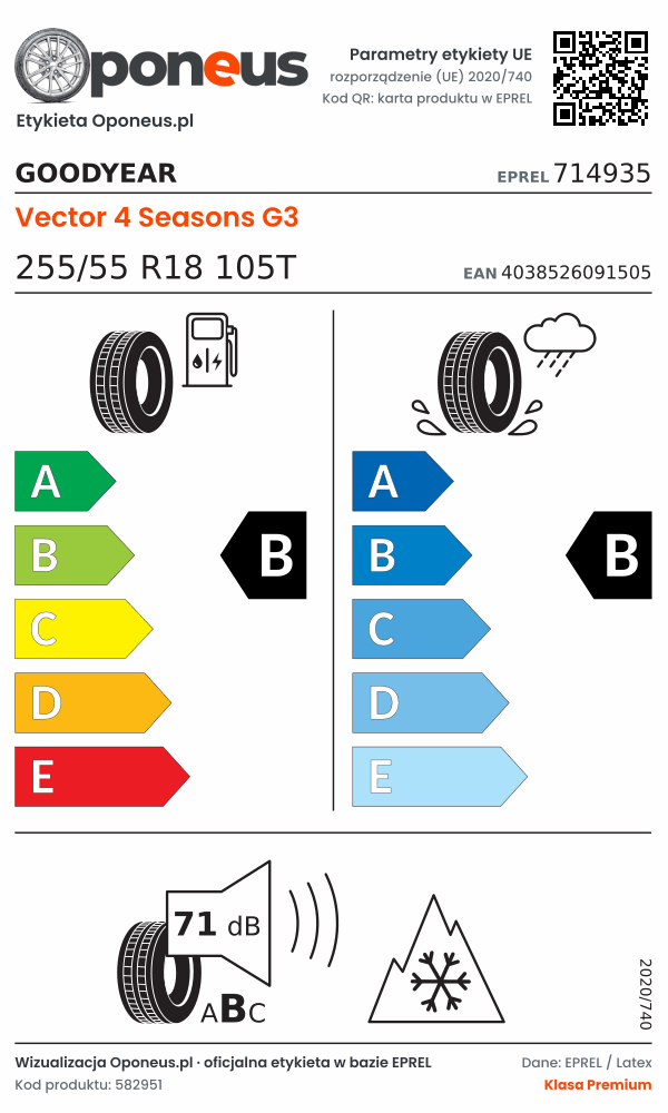 Parametry etykiety UE opony Goodyear Vector 4 Seasons G3 255/55 R18 105T: efektywność paliwowa B, przyczepność na mokrej nawierzchni B, hałas 71 dB (klasa B), 3PMSF