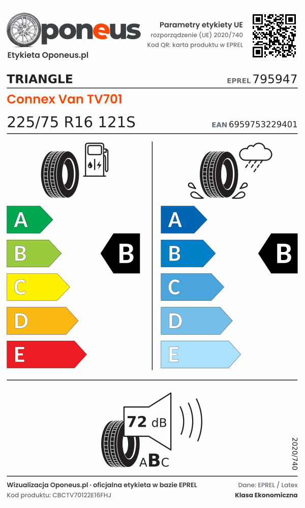 Parametry etykiety UE opony Triangle Connex Van TV701 225/75 R16 121S: efektywność paliwowa B, przyczepność na mokrej nawierzchni B, hałas 72 dB (klasa B)