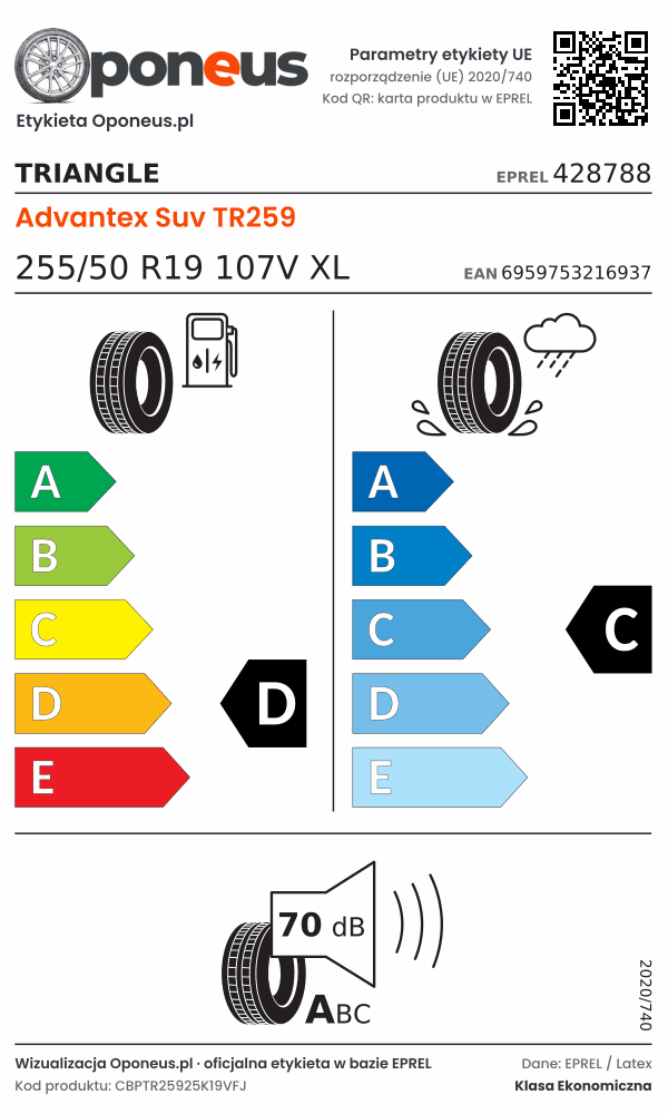 Parametry etykiety UE opony Triangle Advantex Suv TR259 255/50 R19 107V XL: efektywność paliwowa D, przyczepność na mokrej nawierzchni C, hałas 70 dB (klasa A)