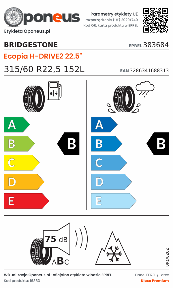 Parametry etykiety UE opony Bridgestone Ecopia H-DRIVE2 22.5" 315/60 R22,5 152L: efektywność paliwowa B, przyczepność na mokrej nawierzchni B, hałas 75 dB (klasa B), 3PMSF