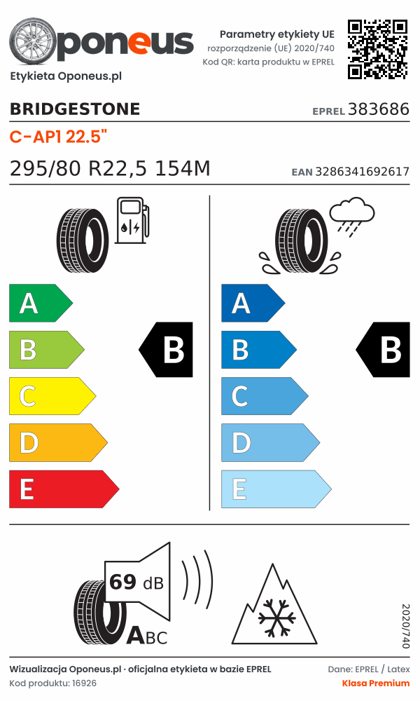 Parametry etykiety UE opony Bridgestone C-AP1 22.5" 295/80 R22,5 154M: efektywność paliwowa B, przyczepność na mokrej nawierzchni B, hałas 69 dB (klasa A), 3PMSF