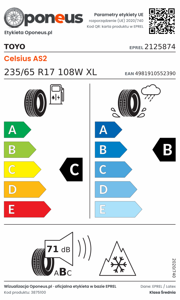 Parametry etykiety UE opony Toyo Celsius AS2 235/65 R17 108W XL: efektywność paliwowa C, przyczepność na mokrej nawierzchni B, hałas 71 dB (klasa B), 3PMSF