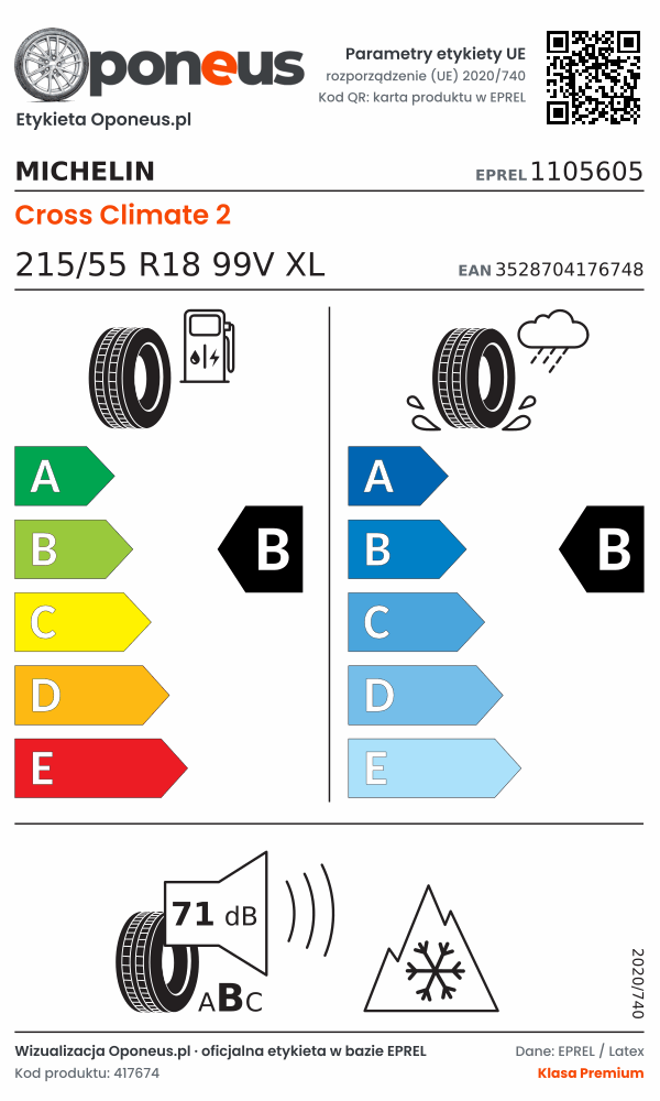 Parametry etykiety UE opony Michelin Cross Climate 2 215/55 R18 99V XL: efektywność paliwowa B, przyczepność na mokrej nawierzchni B, hałas 71 dB (klasa B), 3PMSF