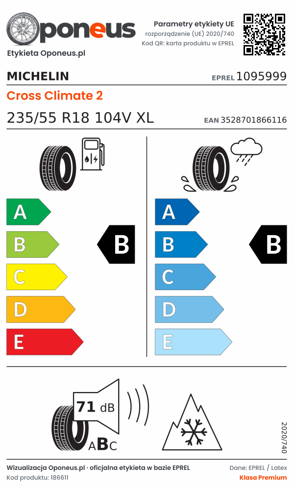 Parametry etykiety UE opony Michelin Cross Climate 2 235/55 R18 104V XL: efektywność paliwowa B, przyczepność na mokrej nawierzchni B, hałas 71 dB (klasa B), 3PMSF