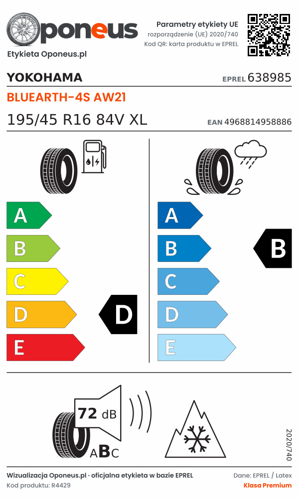 Parametry etykiety UE opony Yokohama BLUEARTH-4S AW21 195/45 R16 84V XL: efektywność paliwowa D, przyczepność na mokrej nawierzchni B, hałas 72 dB (klasa B), 3PMSF