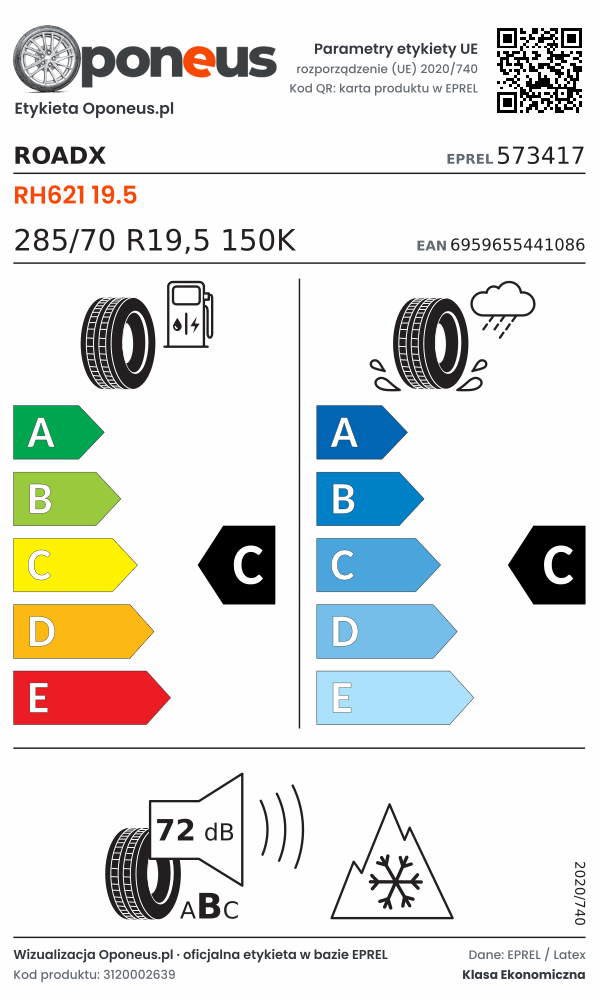 Parametry etykiety UE opony RoadX RH621 19.5 285/70 R19,5 150K: efektywność paliwowa C, przyczepność na mokrej nawierzchni C, hałas 72 dB (klasa B), 3PMSF