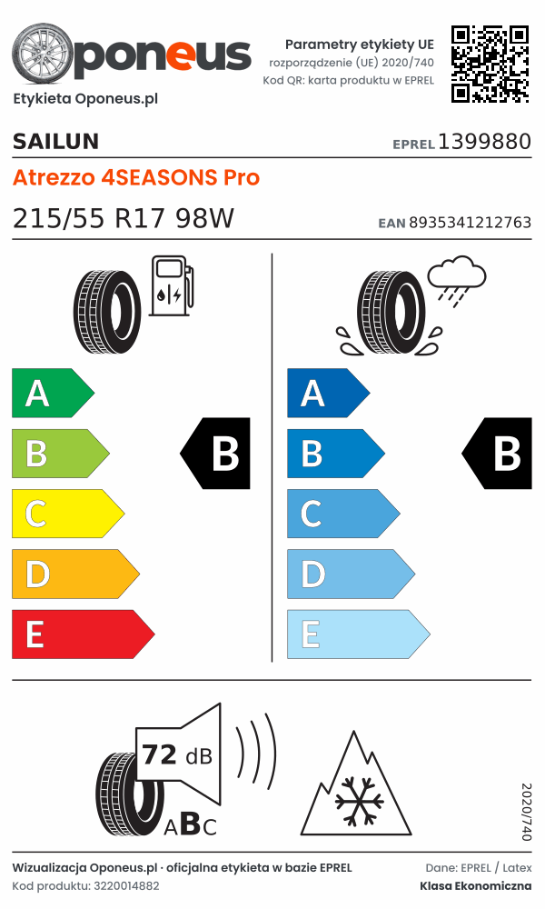 Parametry etykiety UE opony Sailun Atrezzo 4SEASONS Pro 215/55 R17 98W: efektywność paliwowa B, przyczepność na mokrej nawierzchni B, hałas 72 dB (klasa B), 3PMSF