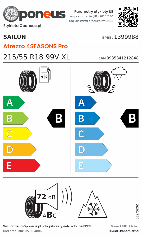 Parametry etykiety UE opony Sailun Atrezzo 4SEASONS Pro 215/55 R18 99V XL: efektywność paliwowa B, przyczepność na mokrej nawierzchni B, hałas 72 dB (klasa B), 3PMSF