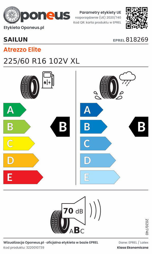 Parametry etykiety UE opony Sailun Atrezzo Elite 225/60 R16 102V XL: efektywność paliwowa B, przyczepność na mokrej nawierzchni B, hałas 70 dB (klasa B)