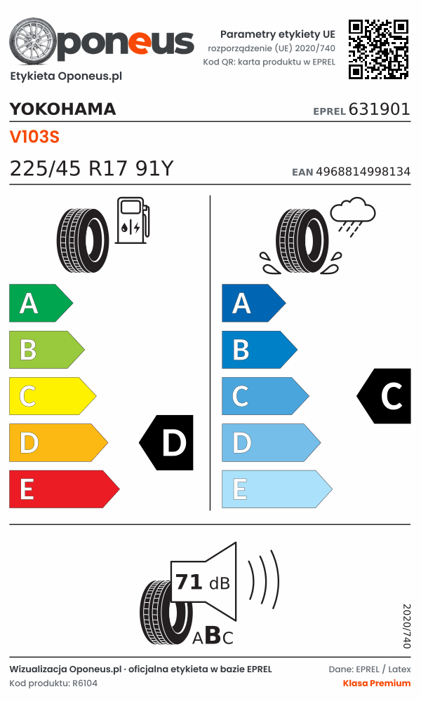 Parametry etykiety UE opony Yokohama V103S 225/45 R17 91Y: efektywność paliwowa D, przyczepność na mokrej nawierzchni C, hałas 71 dB (klasa B)