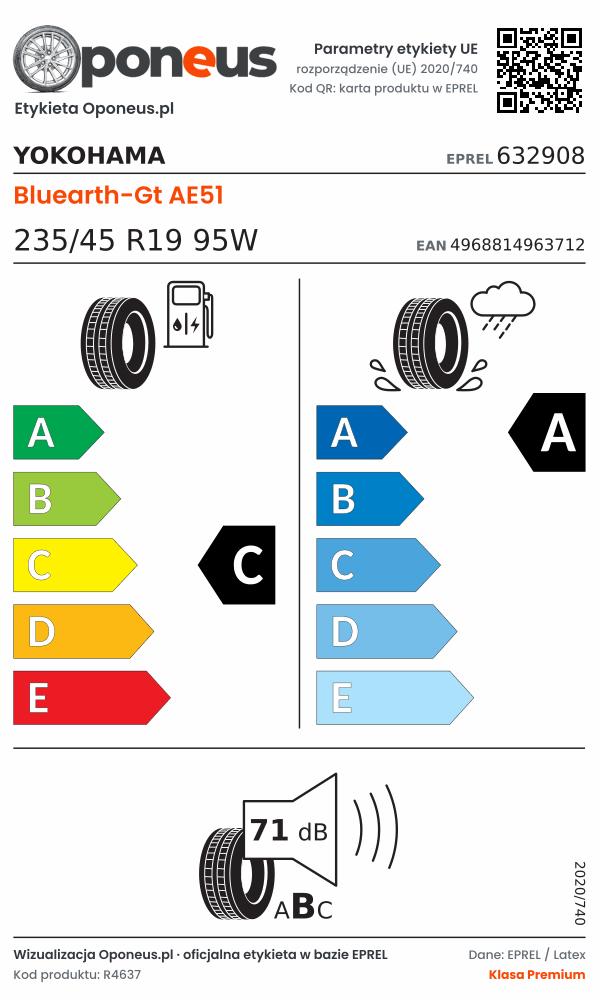 Parametry etykiety UE opony Yokohama Bluearth-Gt AE51 235/45 R19 95W: efektywność paliwowa C, przyczepność na mokrej nawierzchni A, hałas 71 dB (klasa B)
