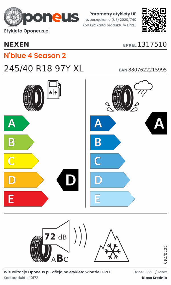 Parametry etykiety UE opony Nexen N'blue 4 Season 2 245/40 R18 97Y XL: efektywność paliwowa D, przyczepność na mokrej nawierzchni A, hałas 72 dB (klasa B), 3PMSF