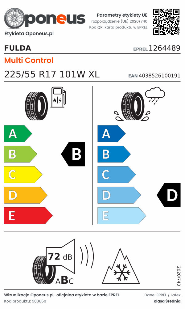 Parametry etykiety UE opony Fulda Multi Control 225/55 R17 101W XL: efektywność paliwowa B, przyczepność na mokrej nawierzchni D, hałas 72 dB (klasa B), 3PMSF