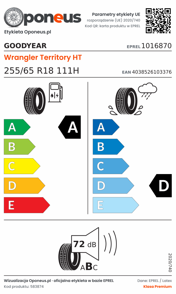Parametry etykiety UE opony Goodyear Wrangler Territory HT 255/65 R18 111H: efektywność paliwowa A, przyczepność na mokrej nawierzchni D, hałas 72 dB (klasa B)