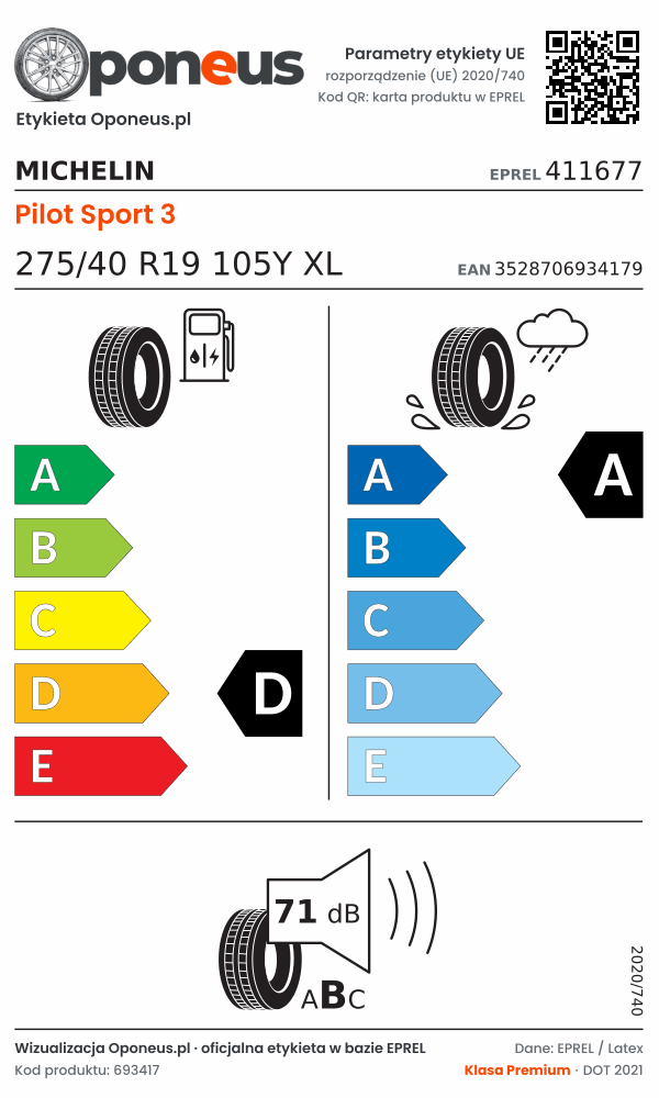 Parametry etykiety UE opony Michelin Pilot Sport 3 275/40 R19 105Y XL: efektywność paliwowa D, przyczepność na mokrej nawierzchni A, hałas 71 dB (klasa B)
