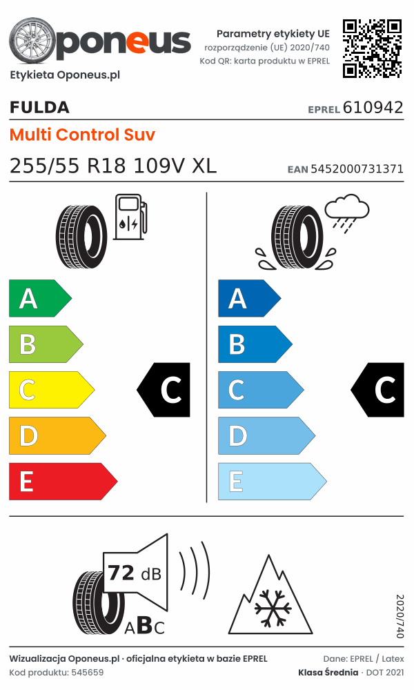 Parametry etykiety UE opony Fulda Multi Control Suv 255/55 R18 109V XL: efektywność paliwowa C, przyczepność na mokrej nawierzchni C, hałas 72 dB (klasa B), 3PMSF