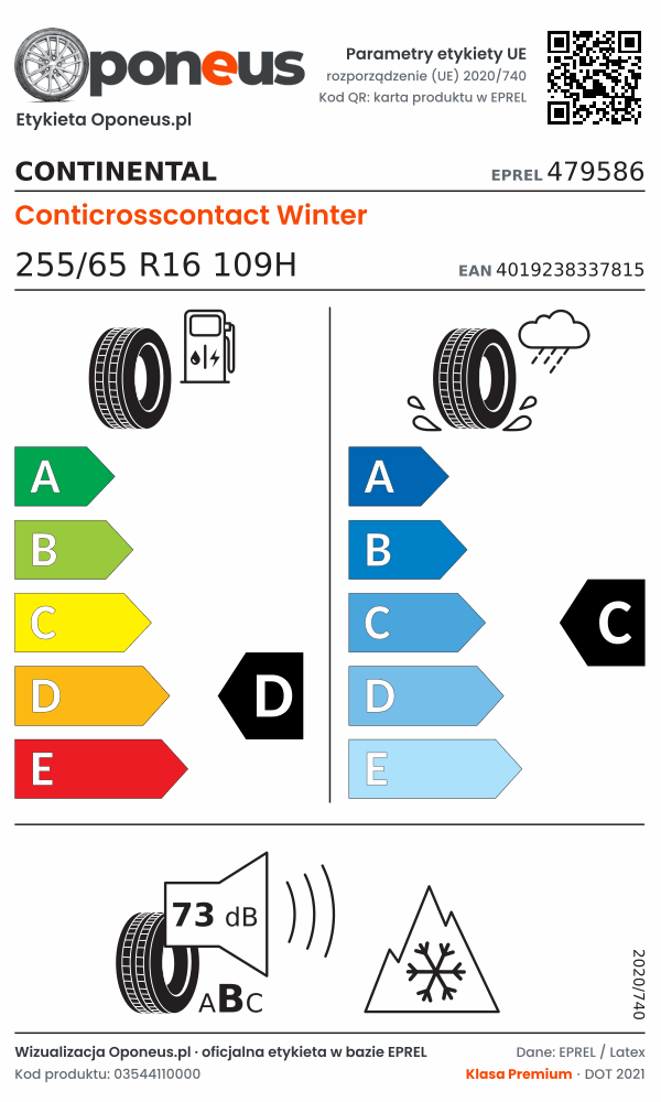 Parametry etykiety UE opony Continental Conticrosscontact Winter 255/65 R16 109H: efektywność paliwowa D, przyczepność na mokrej nawierzchni C, hałas 73 dB (klasa B), 3PMSF