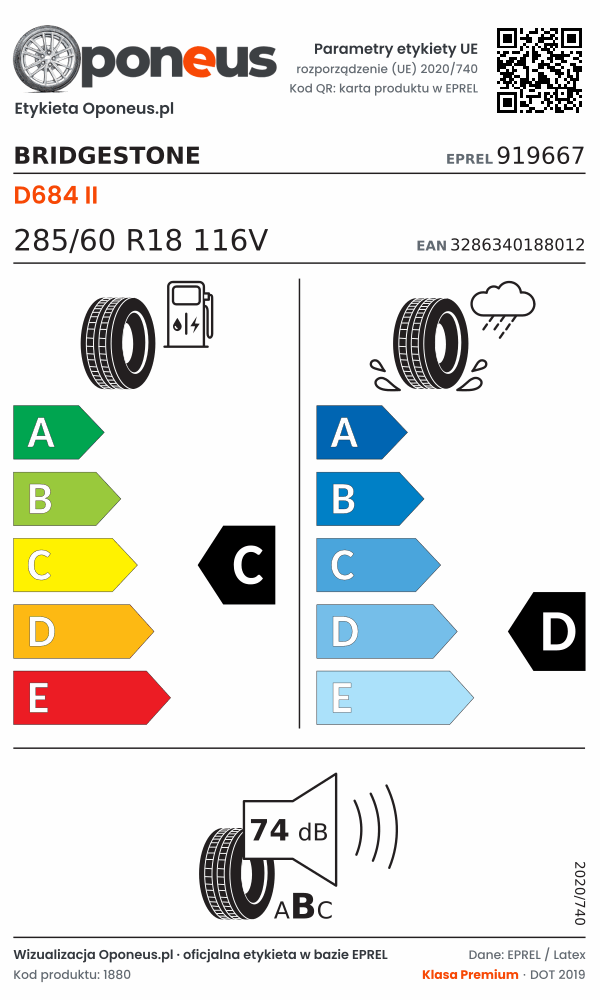 Parametry etykiety UE opony Bridgestone D684 II 285/60 R18 116V: efektywność paliwowa C, przyczepność na mokrej nawierzchni D, hałas 74 dB (klasa B)