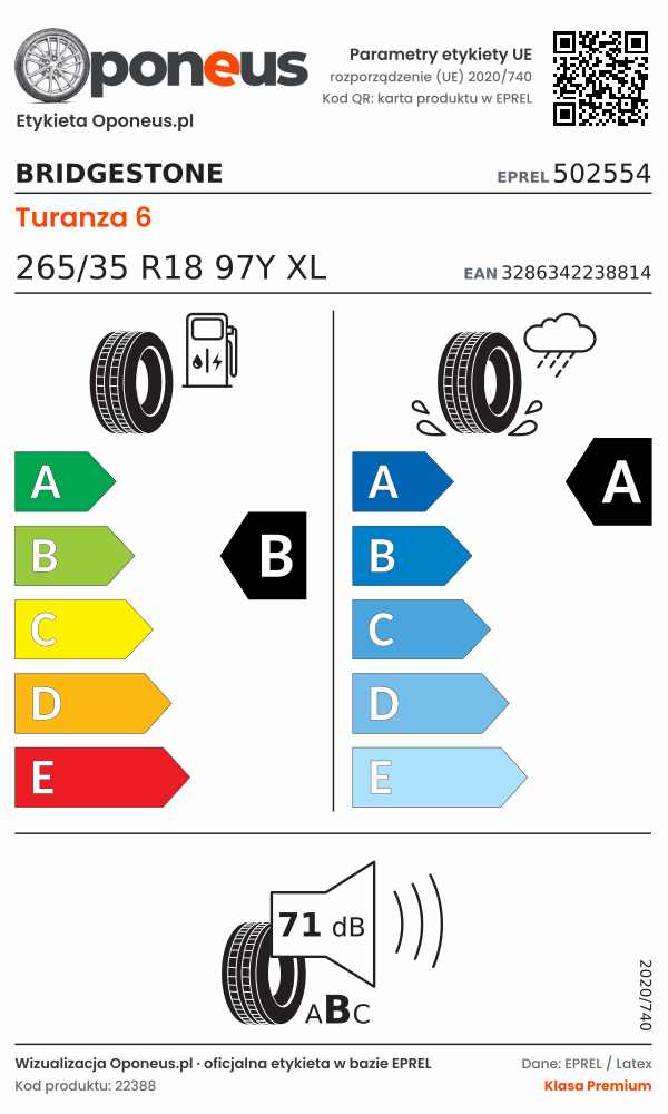 Parametry etykiety UE opony Bridgestone Turanza 6 265/35 R18 97Y XL: efektywność paliwowa B, przyczepność na mokrej nawierzchni A, hałas 71 dB (klasa B)