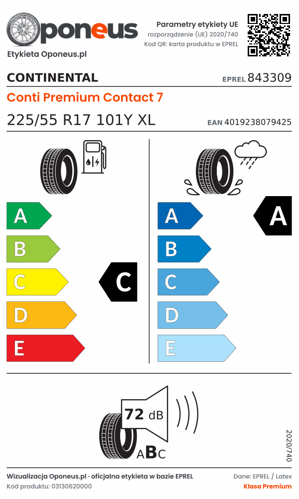Parametry etykiety UE opony Continental Conti Premium Contact 7 225/55 R17 101Y XL: efektywność paliwowa C, przyczepność na mokrej nawierzchni A, hałas 72 dB (klasa B)