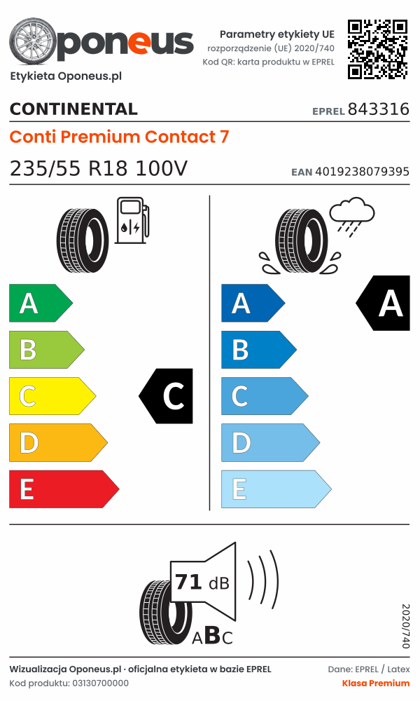 Parametry etykiety UE opony Continental Conti Premium Contact 7 235/55 R18 100V: efektywność paliwowa C, przyczepność na mokrej nawierzchni A, hałas 71 dB (klasa B)