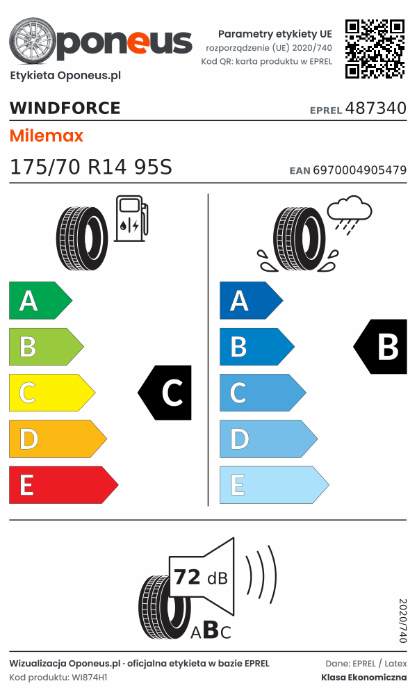Parametry etykiety UE opony Windforce Milemax 175/70 R14 95S: efektywność paliwowa C, przyczepność na mokrej nawierzchni B, hałas 72 dB (klasa B)
