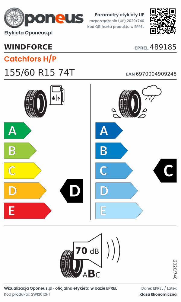 Parametry etykiety UE opony Windforce Catchfors H/P 155/60 R15 74T: efektywność paliwowa D, przyczepność na mokrej nawierzchni C, hałas 70 dB (klasa B)