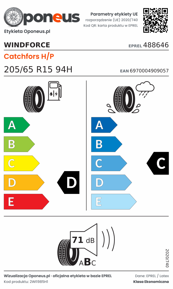 Parametry etykiety UE opony Windforce Catchfors H/P 205/65 R15 94H: efektywność paliwowa D, przyczepność na mokrej nawierzchni C, hałas 71 dB (klasa B)