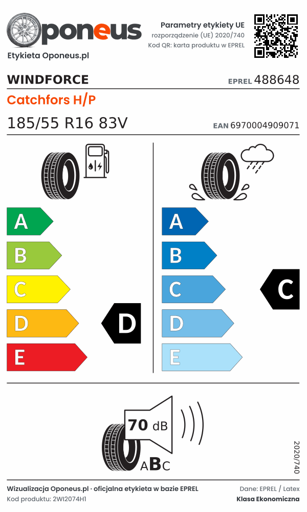 Parametry etykiety UE opony Windforce Catchfors H/P 185/55 R16 83V: efektywność paliwowa D, przyczepność na mokrej nawierzchni C, hałas 70 dB (klasa B)