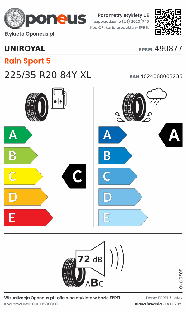 Parametry etykiety UE opony Uniroyal Rain Sport 5 225/35 R20 84Y XL: efektywność paliwowa C, przyczepność na mokrej nawierzchni A, hałas 72 dB (klasa B)