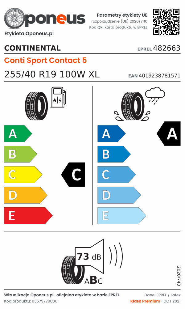 Parametry etykiety UE opony Continental Conti Sport Contact 5 255/40 R19 100W XL: efektywność paliwowa C, przyczepność na mokrej nawierzchni A, hałas 73 dB (klasa B)