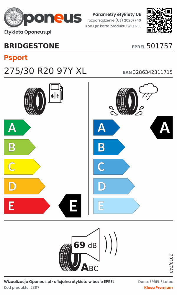 Parametry etykiety UE opony Bridgestone Psport 275/30 R20 97Y XL: efektywność paliwowa E, przyczepność na mokrej nawierzchni A, hałas 69 dB (klasa A)