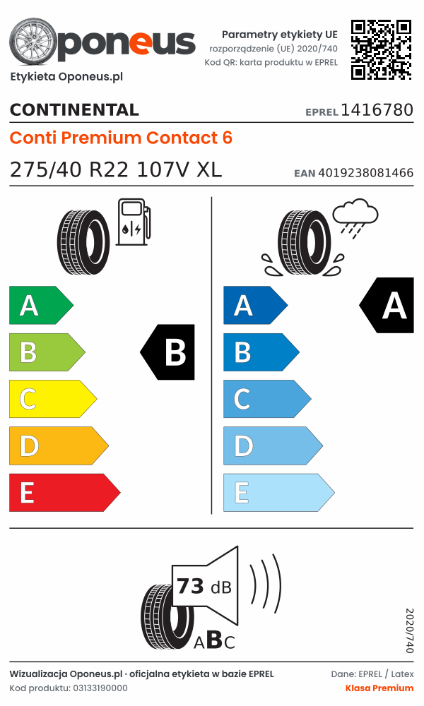 Parametry etykiety UE opony Continental Conti Premium Contact 6 275/40 R22 107V XL: efektywność paliwowa B, przyczepność na mokrej nawierzchni A, hałas 73 dB (klasa B)