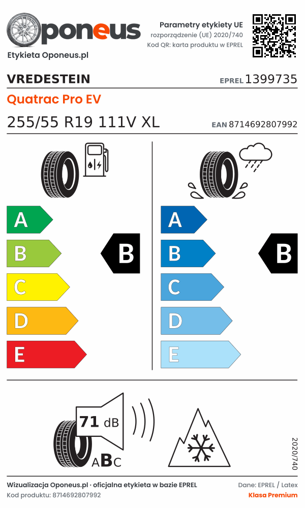 Parametry etykiety UE opony Vredestein Quatrac Pro EV 255/55 R19 111V XL: efektywność paliwowa B, przyczepność na mokrej nawierzchni B, hałas 71 dB (klasa B), 3PMSF