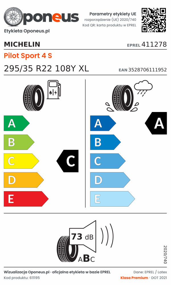 Parametry etykiety UE opony Michelin Pilot Sport 4 S 295/35 R22 108Y XL: efektywność paliwowa C, przyczepność na mokrej nawierzchni A, hałas 73 dB (klasa B)