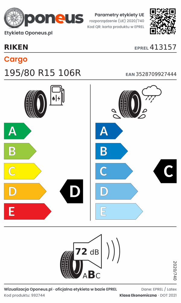 Parametry etykiety UE opony Riken Cargo 195/80 R15 106R: efektywność paliwowa D, przyczepność na mokrej nawierzchni C, hałas 72 dB (klasa B)
