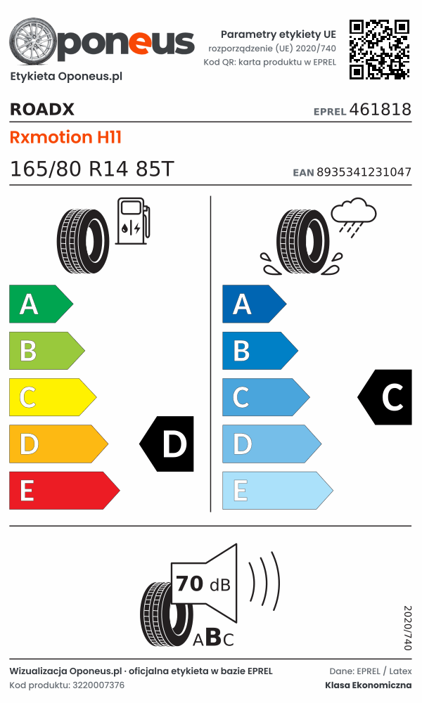Parametry etykiety UE opony RoadX Rxmotion H11 165/80 R14 85T: efektywność paliwowa D, przyczepność na mokrej nawierzchni C, hałas 70 dB (klasa B)