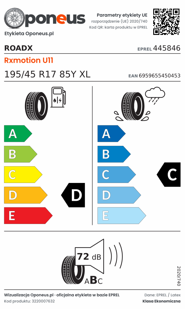 Parametry etykiety UE opony RoadX Rxmotion U11 195/45 R17 85Y XL: efektywność paliwowa D, przyczepność na mokrej nawierzchni C, hałas 72 dB (klasa B)