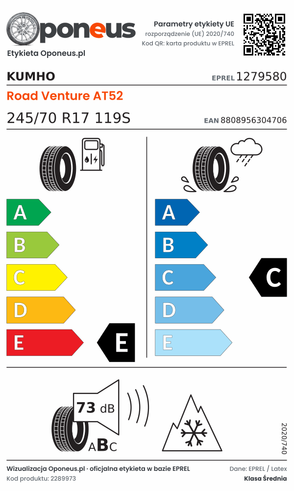 Parametry etykiety UE opony Kumho Road Venture AT52 245/70 R17 119S: efektywność paliwowa E, przyczepność na mokrej nawierzchni C, hałas 73 dB (klasa B), 3PMSF