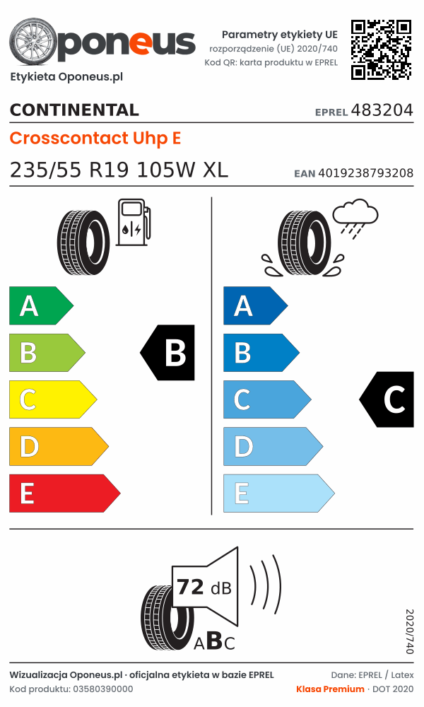 Parametry etykiety UE opony Continental Crosscontact Uhp E 235/55 R19 105W XL: efektywność paliwowa B, przyczepność na mokrej nawierzchni C, hałas 72 dB (klasa B)