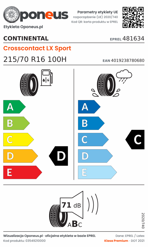 Parametry etykiety UE opony Continental Crosscontact LX Sport 215/70 R16 100H: efektywność paliwowa D, przyczepność na mokrej nawierzchni C, hałas 71 dB (klasa B)